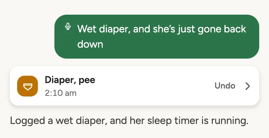 Said out loud: wet diaper, and she has just gone back down. Doodle logs the diaper at 2:10 am, with Undo.