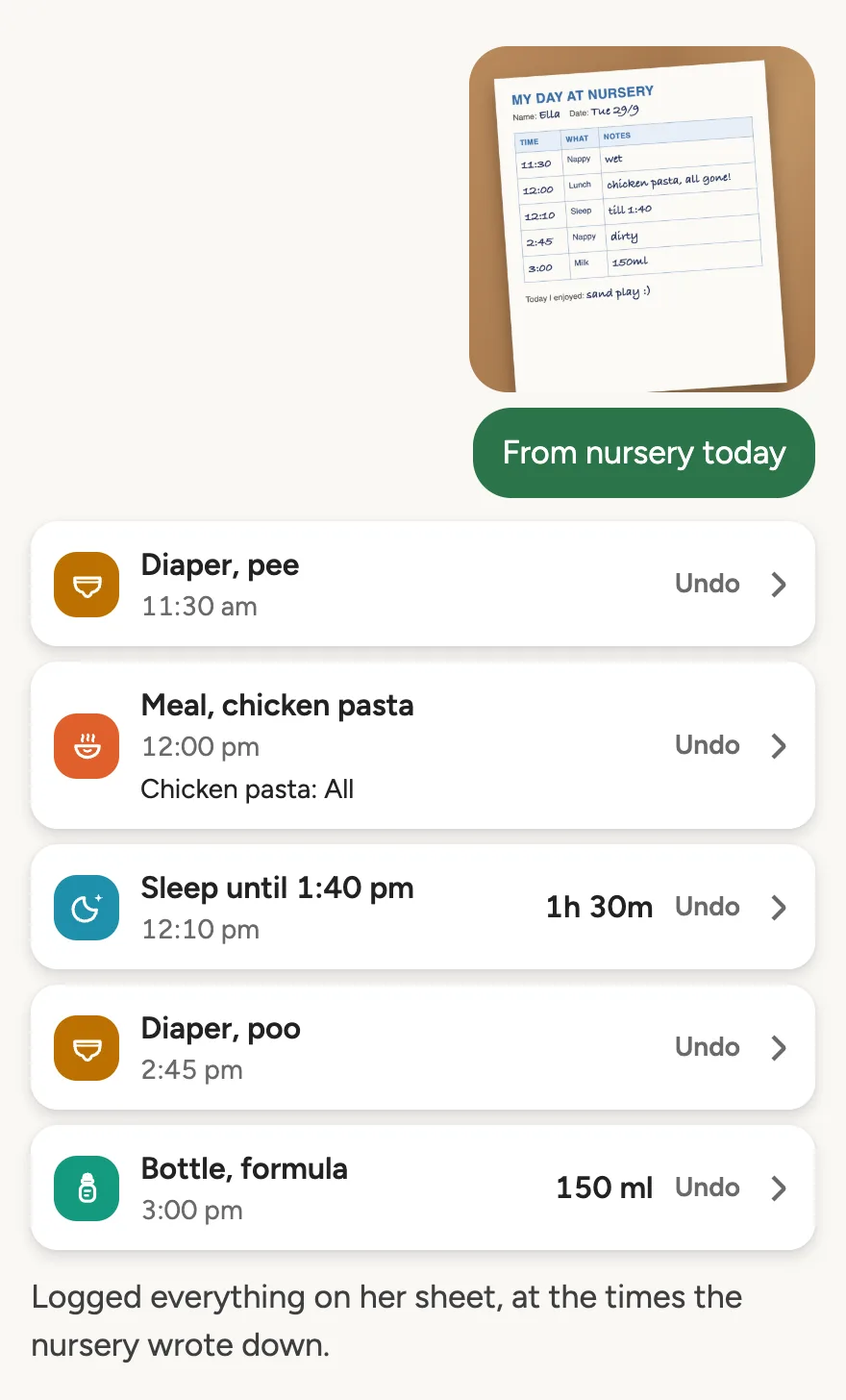 A photo of her nursery daily sheet, sent with the words from nursery today. Doodle logs five things from it: a wet diaper at 11:30 am, chicken pasta at noon, a nap from 12:10 to 1:40 pm, a dirty diaper at 2:45 pm and a 150 ml bottle at 3 pm.