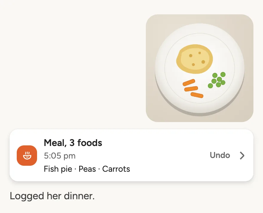 A photo of her dinner plate. Doodle logs a meal at 5:05 pm: fish pie, peas and carrots.