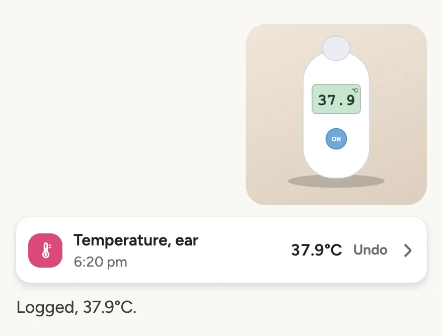 A photo of an ear thermometer reading 37.9. Doodle logs a temperature of 37.9°C at 6:20 pm.